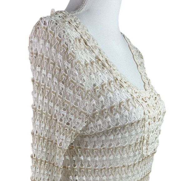 Solitaire Swim Coverup Size M Ivory Tan Gold Crocheted Long Sleeve Dress Beach - Picture 4 of 11